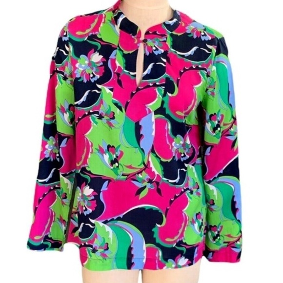 Talbots Colorful Floral BOHO Band Collar Single Button Blouse Sz 10 #247C - Picture 2 of 6